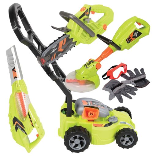 CP Toys 6-in-1 Kids Gardening Set, Includes Kids Leaf Blower, Kids Lawn Mower, Weed Trimmer and Chainsaw, Realistic Action and Sound Effects, Outdoor Toy for Kids Ages 3 Years Plus