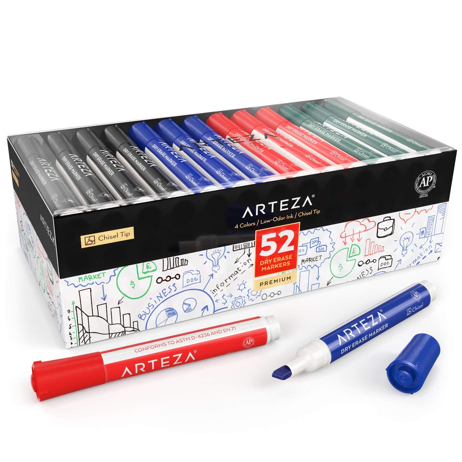 Arteza Dry Erase Markers, Bulk Pack of 52, Chisel Tip, 4 Assorted Colors with Low-Odor Ink, Whiteboard Markers, Back to School Supplies for Classroom, Office, or Home 1 Count (Pack of 52) 1 Arteza Dry Erase Markers, Bulk Pack of 52, Chisel Tip, 4 Assorted Colors with Low-Odor Ink, Whiteboard Markers, Back to School Supplies for Classroom, Office, or Home 1 Count (Pack of 52)
