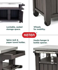 Keter Unity XL Outdoor Kitchen Island Rolling Cart Bar Table & Storage Cabinet, Grill Station with Utensil Hooks for Grilling Accessories, Brown Table and Cabinet 28 711lkPwExUL