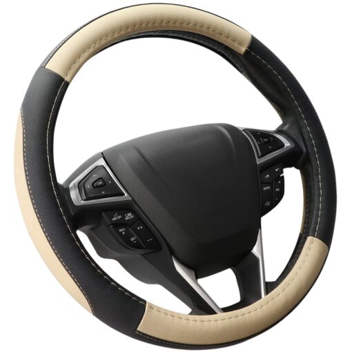 SEG Direct Car Steering Wheel Cover Universal Standard Size 14.5-15 inch, Black and Beige Microfiber Leather Standard size[14 1/2''-15'']