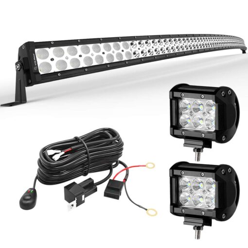 LEDKINGDOMUS Led Light Bar 300W 52 inches Curved Light Bar & 2pc 4 inches 18W Flood Light Pods & Switch Wiring Harness Compatible for Jeep, Pickup, Truck, Car, ATV, 4x4, 4WD, Off Road Driving Light 52inch + 4inch Pods + Wiring Harness Black