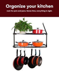 Alternative view of Vdomus Hanging Pot Rack - Rustproof Wall Mounted Pot Rack Pan Hanger for Kitchen Storage & Organization - Durable, Thick Iron Material - Easy Setup 2-Tier Pot Shelf Wall Mount Pot Holder - Black
