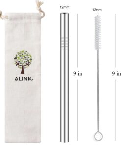 ALINK Reusable Boba Straws with Case and Cleaning Brush, 4-Pack Extra Wide Stainless Steel Metal Bubble Tea Straw for Smoothie, Shakes, Tapioca Pearl, 12 mm x 9 inch Silver 30 7124RZ4S3BL
