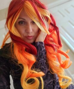 MQ Women Orange Yellow Wigs, Long Curly Wavy Wig for Girls 29.5 Inch Colorful Wigs Cosplay Costume Party Fluffy Wig Synthetic Charming Heat Friendly Ombre Wigs (Yellow to Orange to Red) 35 7124TZvDauL