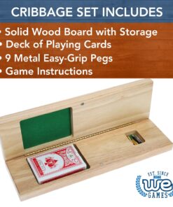 WE Games Wooden Cribbage Board Game Set, Continuous 3 Track for 2-3 Players, Travel Cribbage Board with Card Storage, Includes 9 Metal Pegs & Deck of Cards, Card Games, Classic Board Games for Adults Natural 18 712FKUmUtL