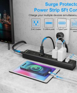 2 Pack Power Strip Surge Protector-5 Widely Spaced Outlets 3 USB Ports(1 USB C Port),1250W/10A with 5Ft Extension Cord, Power Strips with Surge Protection, Wall Mount for Home Office,Black 2PCK 16 712G39XTW2L