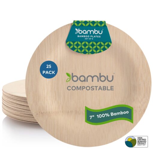 bambu, 7 Inch Round Bamboo Plates, Package of 25, Veneerware Party, Wedding, and Event Plates, Compostable and Eco Friendly Flatware, Great For Any Occasion - 100% Natural 7 Inches, Pack of 25