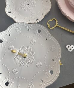 BonNoces 3-Tier Porcelain Embossed Cupcake Stand - Pure White Rimmed with Gold Dessert Cake Stand - Pastry Serving Tray Platter for Tea Party, Wedding and Birthday 36 712YY UUnML