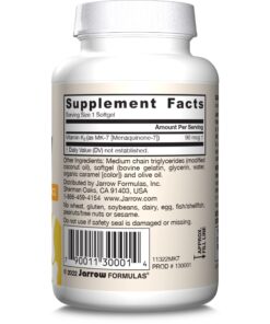 Jarrow Formulas MK-7 90 mcg - Bioactive Form of Vitamin K2 - 60 Servings (Softgels) - For Bone & Cardiovascular Health - Vitamin K2 MK-7 Dietary Supplement - K2 Vitamin Supplement MK-7 - Gluten Free 60 Servings (Pack of 1) 26 712bDGdft4L