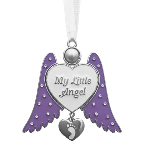 Jeweled Angel Ornament with Hanging Baby Footprint Heart Shaped Charm - My Little Angel - Newborn Baby Gift - Silver Metal 3 Inch