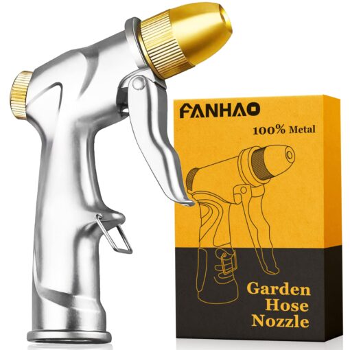 FANHAO Upgrade Garden Hose Nozzle Sprayer, 100% Heavy Duty Metal Handheld Water High Pressure in 4 Spraying Modes for Hand Watering Plants and Lawn, Car Washing, Patio Pet Front Trigger - 4 Patterns