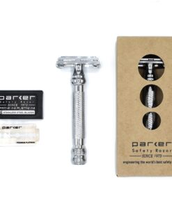 Parker Safety Razor, 99R Chrome Long Handle Heavyweight Butterfly Open Double Edge Safety Razor for Men, 5 Parker Premium Platinum Double Edge Razor Blades Included 40 713Ad NEUcL