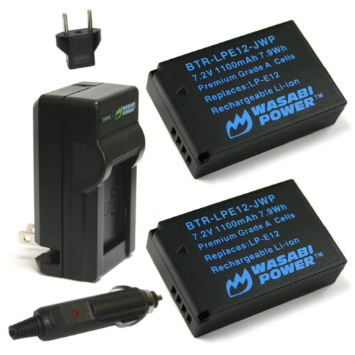 Wasabi Power Battery (2-Pack) and Charger for Canon LP-E12 and EOS M, EOS M10, EOS M50, EOS M50 MII, EOS M100, EOS M200, EOS Rebel SL1 (EOS 100D), PowerShot SX70 HS