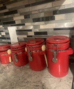 Canister Sets For The Kitchen (4 Piece Set) Red, High Gloss Ceramic | By Home Basics | Decorative | With Wooden Spoons, Countertop Set For Flour, Sugar, Coffee, and Snacks 35 713QbJZ3xfL