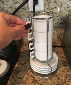 HIC Kitchen 9-Piece Stackable Espresso Coffee Set, Fine White Porcelain, 4 (4-Ounce) Cups with Matching Saucers and Metal Stand, Gift Boxed 25 713QeoraL 1