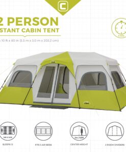 CORE 12 Person Instant Cabin Tent | 3 Room Huge Tent for Family with Storage Pockets for Camping Accessories | Portable Large Pop Up Tent for 2 Minute Camp Setup Green 25 713TUJTEZTL