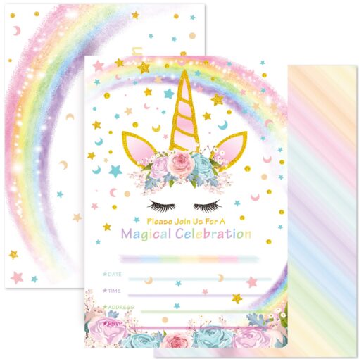 AMZTM Magical Unicorn Party Invitations with Envelopes for Kids Birthday Baby Shower Unicorn Party Supplies 20 Pieces of Fill-in Blank Invitation Card Kit