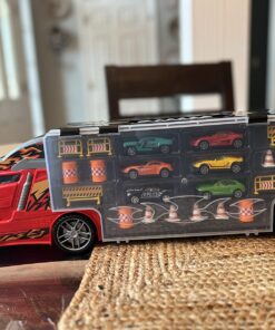 Amazon Basics Toy Car Carrier Truck With Storage For Kids Ages 3 and Up, 6-Pieces Diecast Vehicles & 16 Accessories, Multicolor, Medium 65 713vcWVtzLL