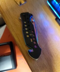 TAC Force Spring Assisted Folding Pocket Knife – Rainbow TiNite Coated Drop Point Blade and Liner, Black Aluminum Handle w/ Rope Cutter, Glass Punch, and Clip, Tactical, EDC, Rescue - TF-509 4.75 inch 31 71413eVgjwL