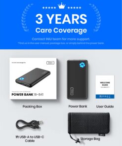INIU Portable Charger, Slimmest 10000mAh 5V/3A Power Bank, USB C in&out High-Speed Charging Battery Pack, External Phone Powerbank Compatible with iPhone 15 14 13 12 11 Samsung S22 S21 Google iPad etc Black 28 7142E 64 zL