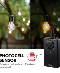 BN-LINK Outdoor 24-Hour Timer with Photocell Light Sensor, Water Resistant Photoelectric Countdown Timer(2, 4, 6 or 8 Hours Mode), Weatherproof, Two (2) Grounded Outlets for Home and Garden, Black Photocell Timer 19 7145D4EFlVL