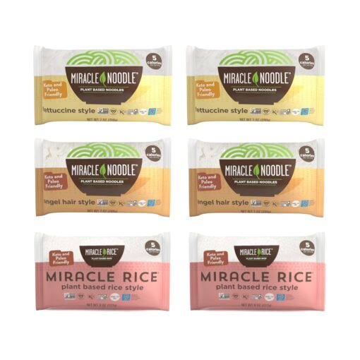 Miracle Noodle Variety Pack (Fettuccine, Angel Hair & Rice) - Shirataki Noodles, Shirataki Rice, Keto Pasta, Vegan, Gluten-Free, Low Carb, Paleo, Konjac Noodles/ Rice - 2 Bags of Each, 6-Pack Fettuccine, Angel Hair, Rice 6 Piece Assortment