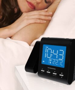 Magnasonic Projection Alarm Clock with AM/FM Radio, Battery Backup, Auto Time Set, Dual Alarm, Nap/Sleep Timer, Indoor Temperature/Date Display with Dimming & 3.5mm Audio Input - Black (EAAC601) 30 714I2E5vNAL 1