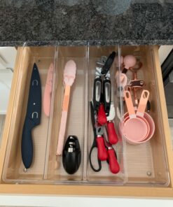 mDesign Plastic Adjustable/Expandable Divided Drawer Storage Organizer with 4 Compartments for Kitchen Pantry, Cupboard, Cabinet, Hold Silverware, Utensils, Cutlery - Ligne Collection - Clear 4 Compartment Expandable Pack of 1 40 714PYRdk8NL