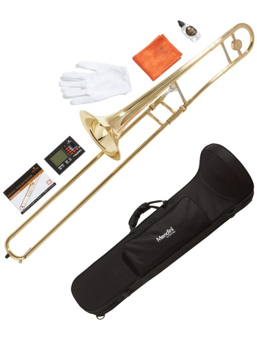 Mendini by Cecilio Trombone Kit - Bb Tenor Brass Instruments for Kids, Beginners w/Case & Gloves Gold + Tuner