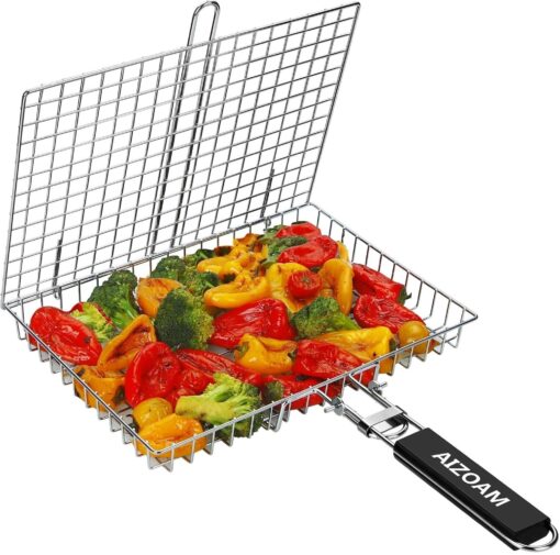 AIGMM Portable Stainless Steel BBQ Barbecue Grilling Basket for Fish ,Vegetables , Steak ,Shrimp, Chops and Many Other Food .Great and Useful BBQ Tool. Deep