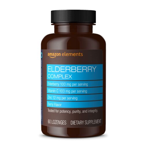 Amazon Elements Elderberry Complex, Immune System Support Tablet, Berry Flavored Lozenges, Adult, Unisex, 60 Count, Elderberry 100mg, Vitamin C 103mg, Zinc 12mg per Serving (Packaging may vary)