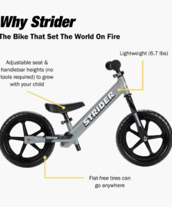 Strider 12” Sport Bike - No Pedal Balance Bicycle for Kids 18 Months to 5 Years - Includes Safety Pad, Padded Seat, Mini Grips & Flat-Free Tires - Tool-Free Assembly & Adjustments Matte Gray 10 714b1LygzbL