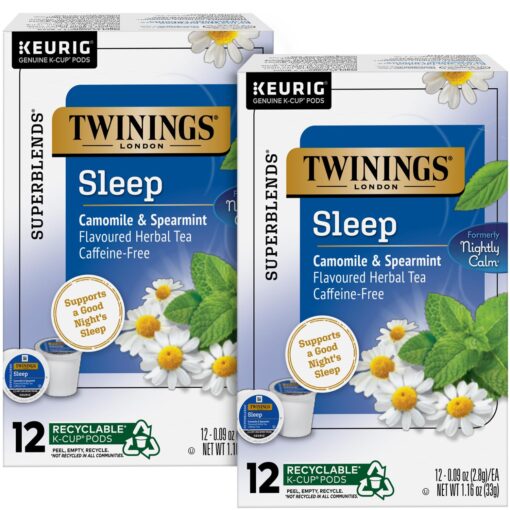 Twinings Nightly Calm Herbal Tea K-Cup Pods for Keurig - Sleep Tea, Bedtime Caffeine-Free Tea Blend, Soothing Chamomile, Relaxing Spearmint, Subtle Lemongrass Flavor, 12 Count (Pack of 2)