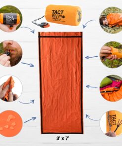 Survival Frog Tact Bivvy 2.0 Emergency Sleeping Bag w/Stuff Sack, Carabiner, Survival Whistle, ParaTinder - Compact, Lightweight, Waterproof, Reusable, Thermal Bivy Sack Cover, Shelter Kit New 2.0 Tactical Orange 14 714i4wIcXDL