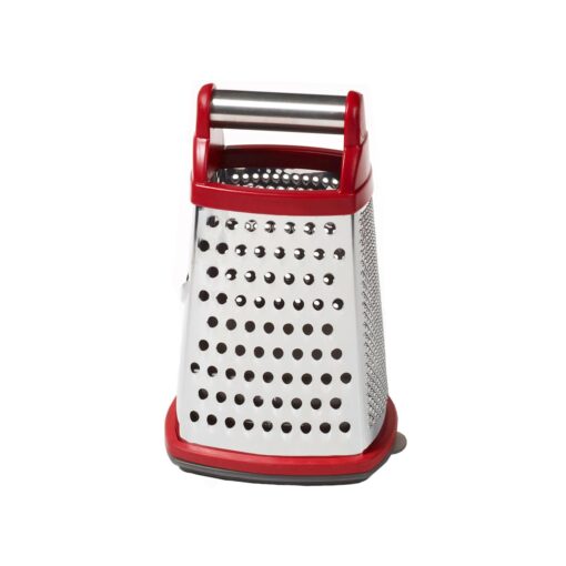 KitchenAid Gourmet 4-Sided Stainless Steel Box Grater for Fine, Medium and Coarse Grate, and Slicing, Detachable 3 Cup Storage Container and Measurment Markings, Dishwasher Safe, 10 inches tall, Red