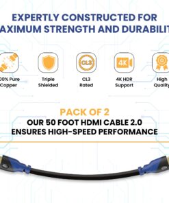 AURUM CABLES 4K HDMI Cable 50ft Long 2 Pack, 4K@60Hz High Speed HDMI Cord with Ethernet, Supports UHD Resolution, ARC, 3D, CL3 Certified - Compatible with HDTV, PC, Laptop, PS3, Xbox, Blu-ray 50 FT 11 714oduGsHL