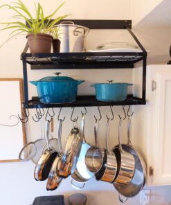 Vdomus Hanging Pot Rack - Rustproof Wall Mounted Pot Rack Pan Hanger for Kitchen Storage & Organization - Durable, Thick Iron Material - Easy Setup 2-Tier Pot Shelf Wall Mount Pot Holder - Black 39 714qp5MbgL 2