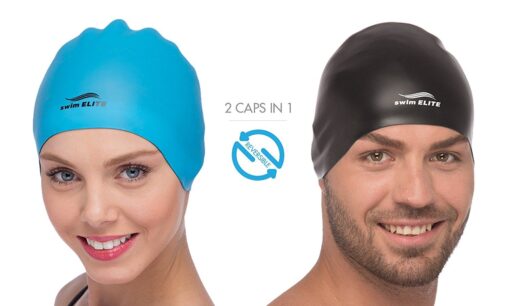 Reversible Silicone Swim Cap, Waterproof 2-in-1 Swimming Caps for Men and Women with Carry Bag, Flexible Adult Swimmers Cap for Short and Medium Length Hair Blue/Black