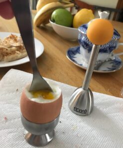 Egg Cups For Soft Boiled Eggs with Spoons - Egg & Cracker Tool Set - Stainless Steel Egg Opener Topper & Cutter - Hard Boiled Egg Holder Tool by Eparé Yellow Rubber Handle 32 714xHId8DUL