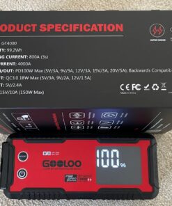 GOOLOO GT4000S Jump Starter 4000 Amp Car Starter 100W Two-Way Fast-Charging Portable Car Battery Charger Booster Pack for 10L Diesel and 12L Gas Engines, SuperSafe Lithium Jump Box for 12V Vehicles Red 81 71537woAeCL