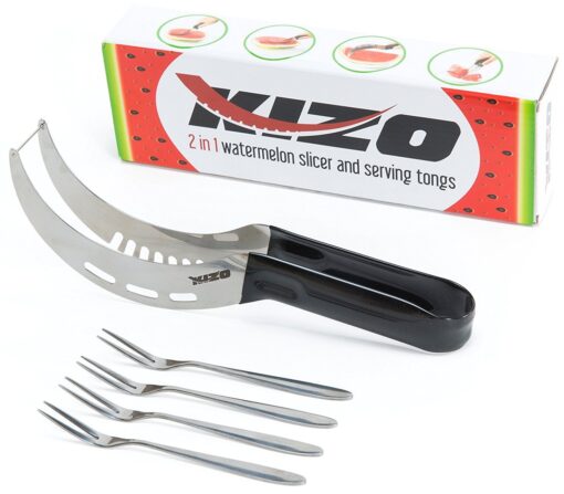 Kizo Stainless Steel Watermelon Slicer/Corer and Serving Tongs with Long Grip Handle and Set of 4 Fruit Forks