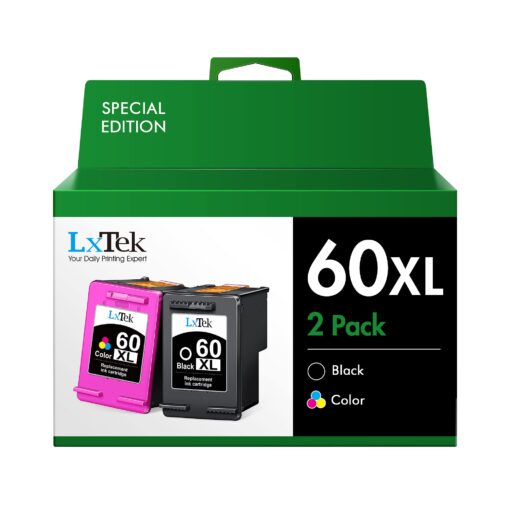 LxTek Remanufactured Ink Cartridge Replacement for HP 60XL 60 XL CC641WN CC644WN High Yield for HP Photosmart C4680 D110, Deskjet D2680 F2430 F4210, Shows Accurate Ink Level (1 Black | 1 Tri-Color