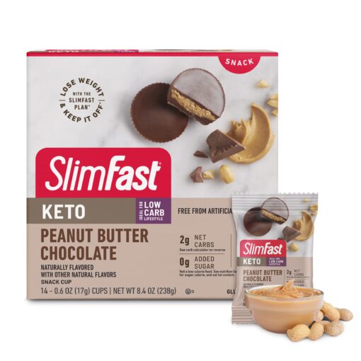 SlimFast Low Carb Chocolate Snacks, Keto Friendly for Weight Loss with 0g Added Sugar & 3g Fiber, Peanut Butter Chocolate, 14 Count Box (Packaging May Vary) Peanut Butter Snack Cup