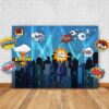 Superheroes Theme Party Photography Backdrop with Prop, Flag & Mask. Super Hero Cityscape Photo Booth Background for Kids Party, Birthday Wall Decorations 4*5.5 feet 40 715E eB0CNL
