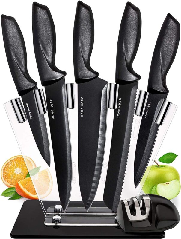 Catalog 5 Home Hero 7 Pcs Kitchen Knife Set, Chef Knife Set & Steak Knives - Professional Design Collection - Razor-Sharp High Carbon Stainless Steel Knives with Ergonomic Handles (7 Pcs - Black) 7 Pcs - Black