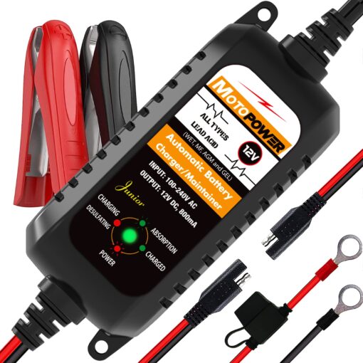 MOTOPOWER MP00205A 12V 800mA Automatic Battery Charger, Maintainer, Trickle and Desulfator Black