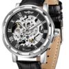GLEIM Men's Watch, Mechanical Skeleton Steampunk Design Automatic Self-Winding Roman Numeral Silver Case PU Leather Wrist Watch