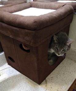 MidWest Homes for Pets 137-BR 'The Original' Curious Cat Cube, Cat House / Cat Condo in Brown Faux Suede & Synthetic Sheepskin Brown Single Story 46 715R22BcT5L