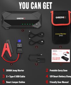 GREPRO Car Jump Starter, 3000A Peak Car Battery Jump Starter Battery Pack (10L Gas & 8.0L Diesel Engines), 12V Battery Booster, Jump Box with Jumper Cables, Car Battery Jumper with LED Light 17 715cstRDz4L