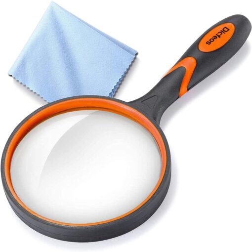 Dicfeos Magnifying Glass 10X Handheld Reading Magnifier with Cleaning Cloth-100MM Large Magnifying Lens with Non-Slip Soft Handle for Seniors Book Newspaper Reading and Kids Nature Hobby Exploration